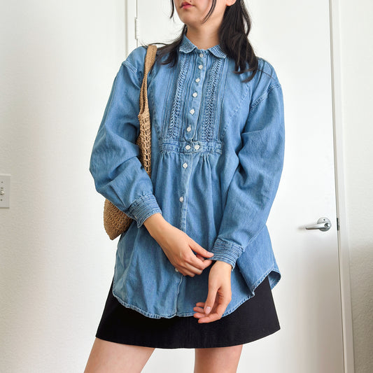 Y2K Pleated Bib Denim Shirt | M