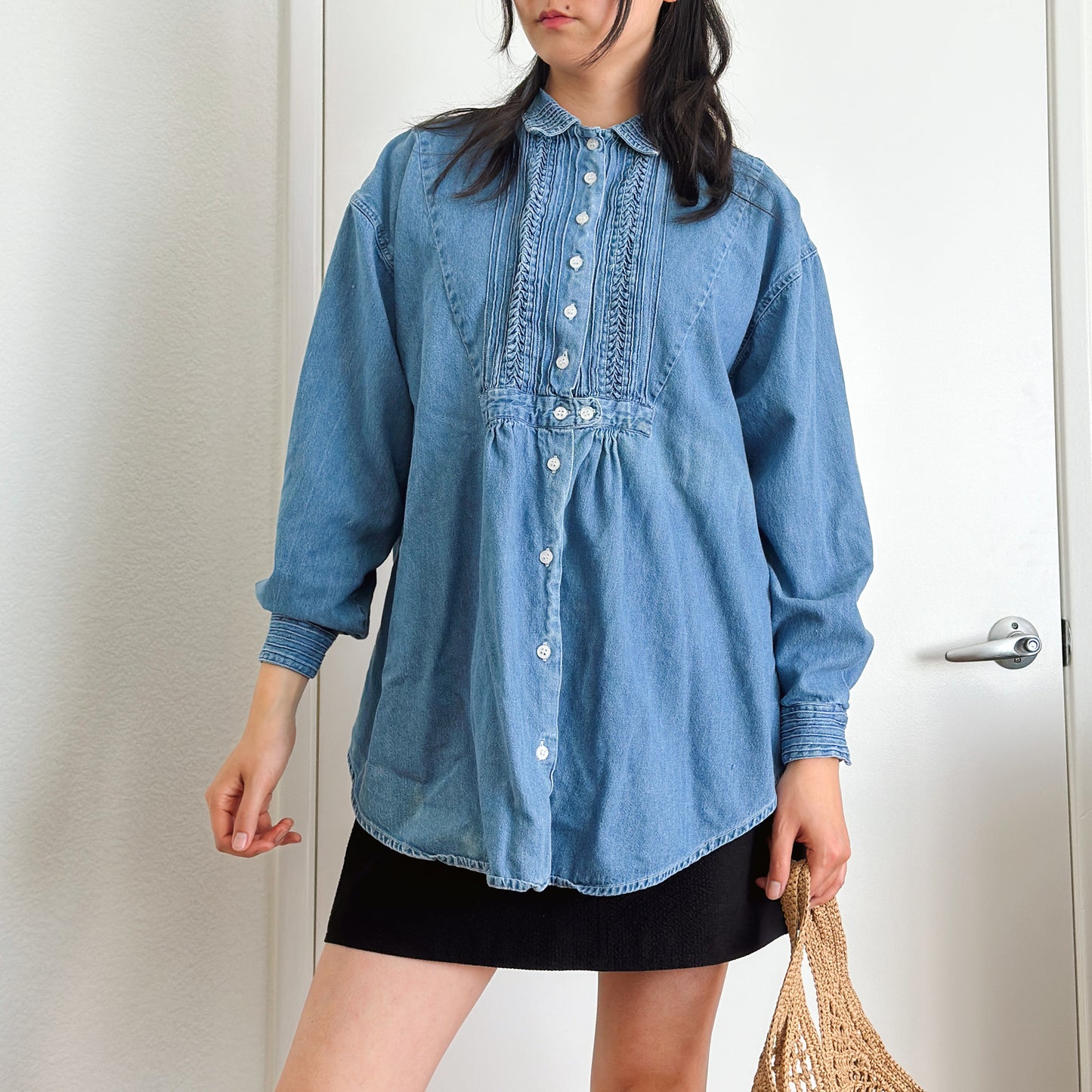 Y2K Pleated Bib Denim Shirt | M