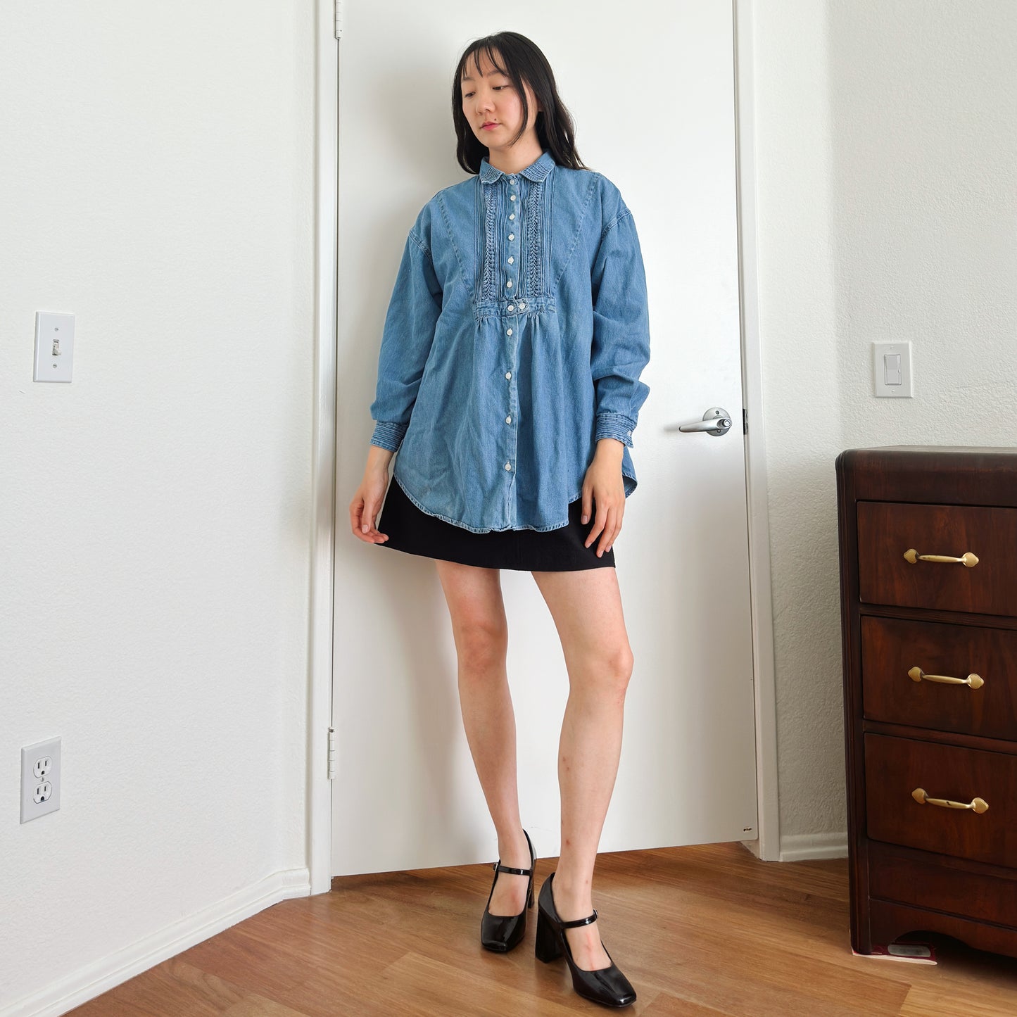 Y2K Pleated Bib Denim Shirt | M