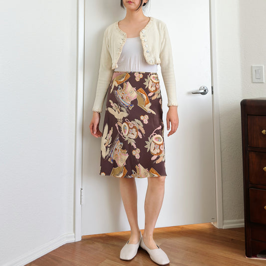 Y2K Silk Asian Print Bias Skirt | M