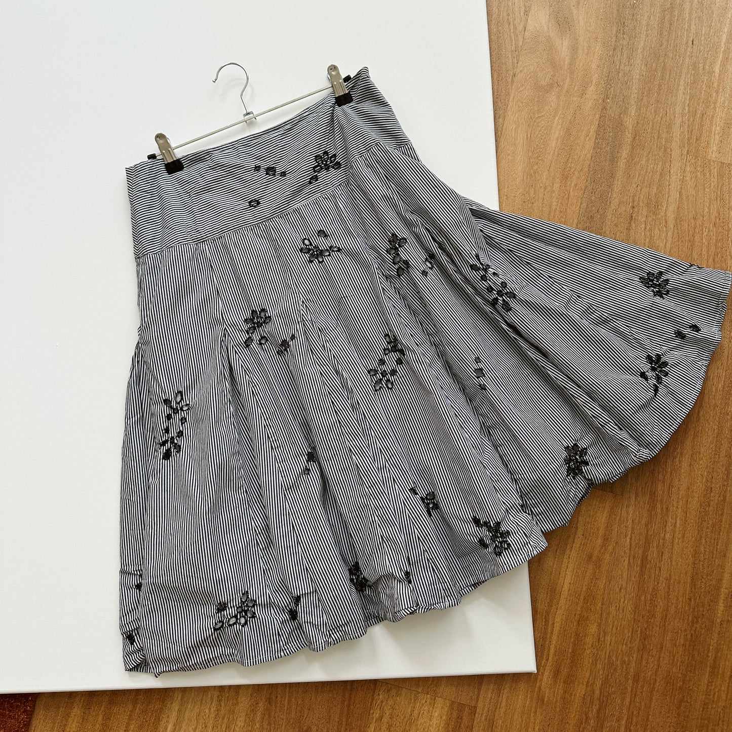 Y2K Ticking Stripe Eyelet Flared Skirt | M