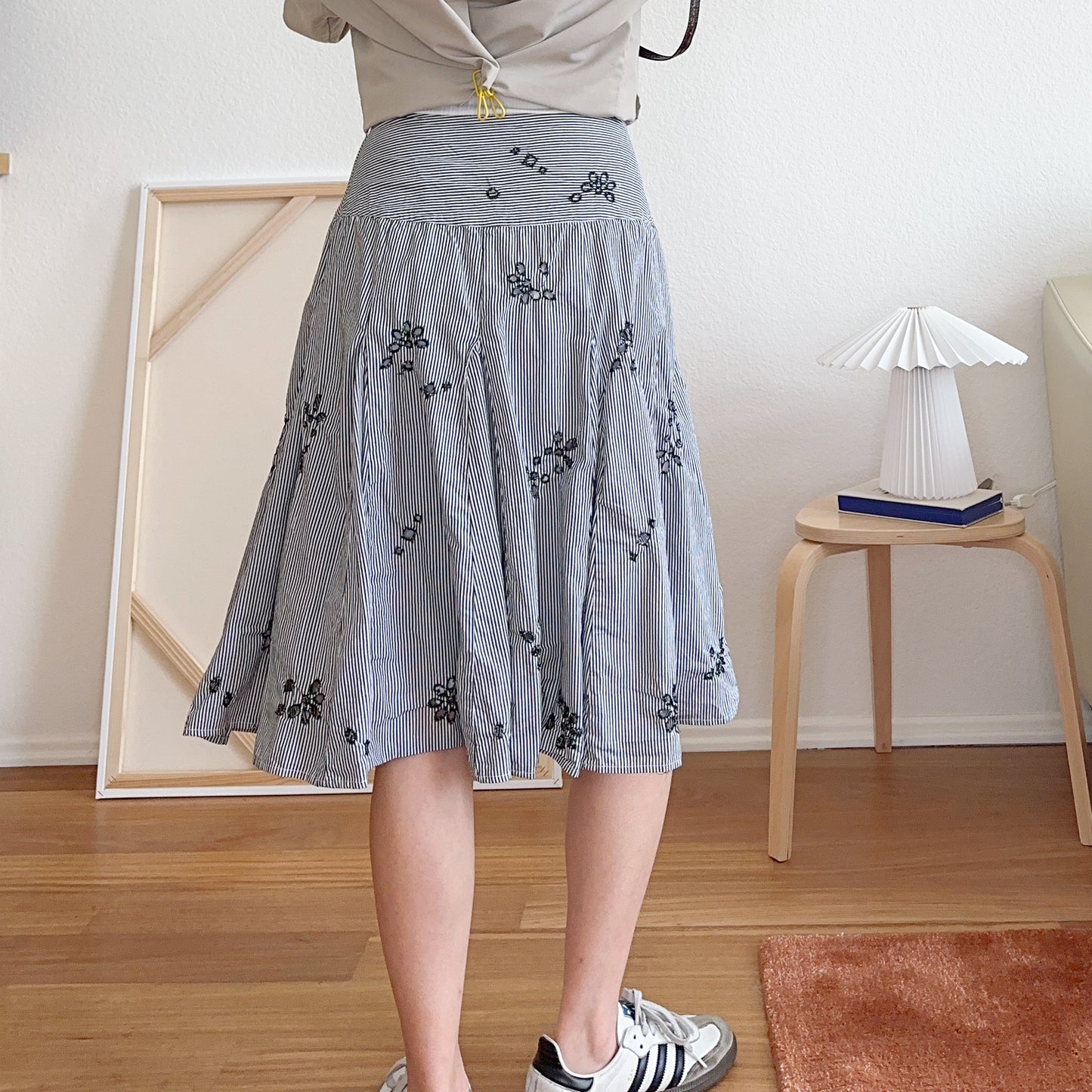 Y2K Ticking Stripe Eyelet Flared Skirt | M