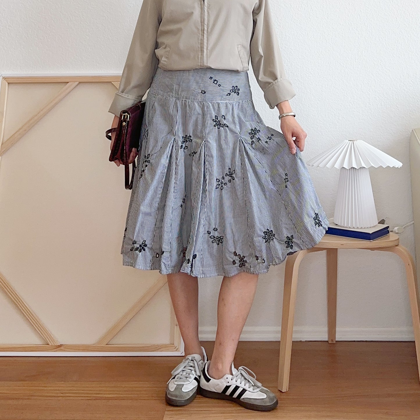 Y2K Ticking Stripe Eyelet Flared Skirt | M