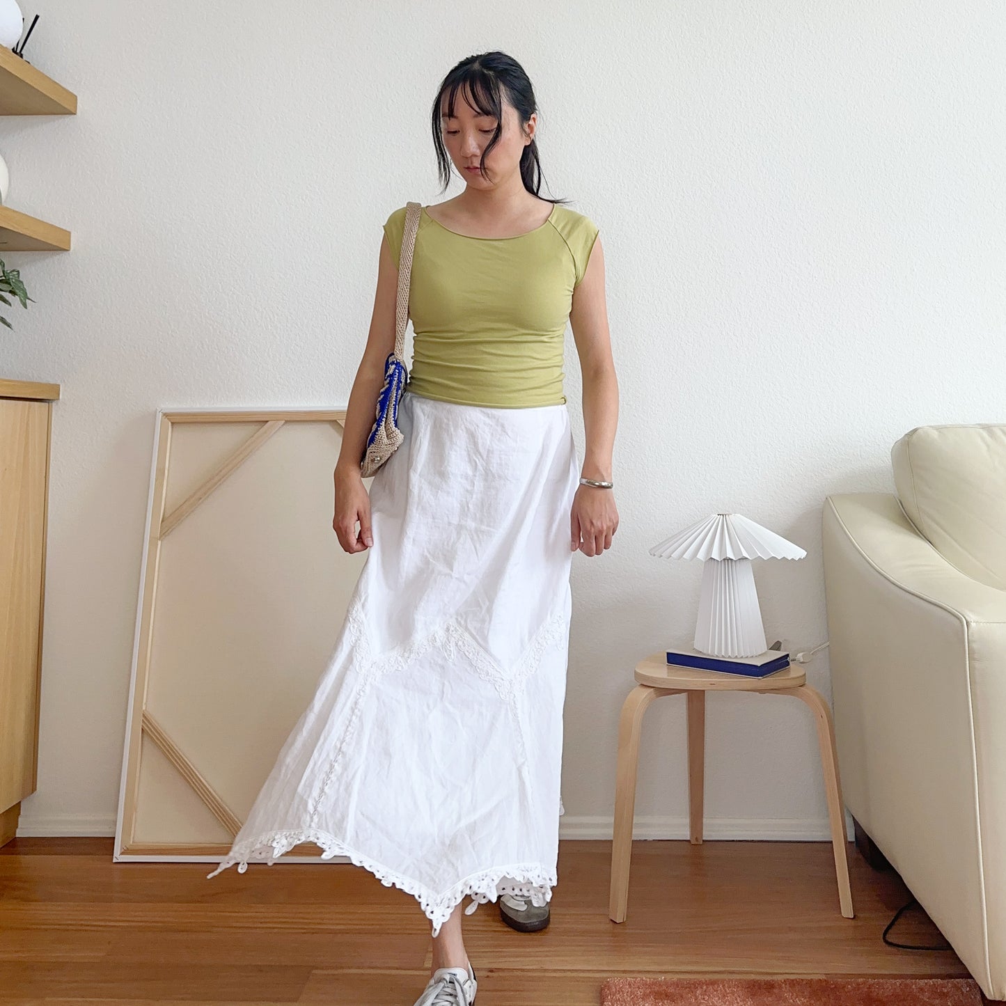 Y2K White Lace Trim Midi Skirt | 1X