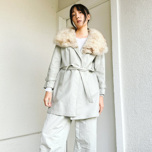 70's Fur Collar Gray Leather Coat | M