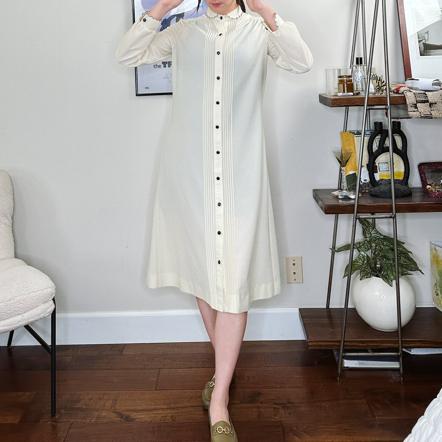 70's Scallop Collar Shirt Dress| S