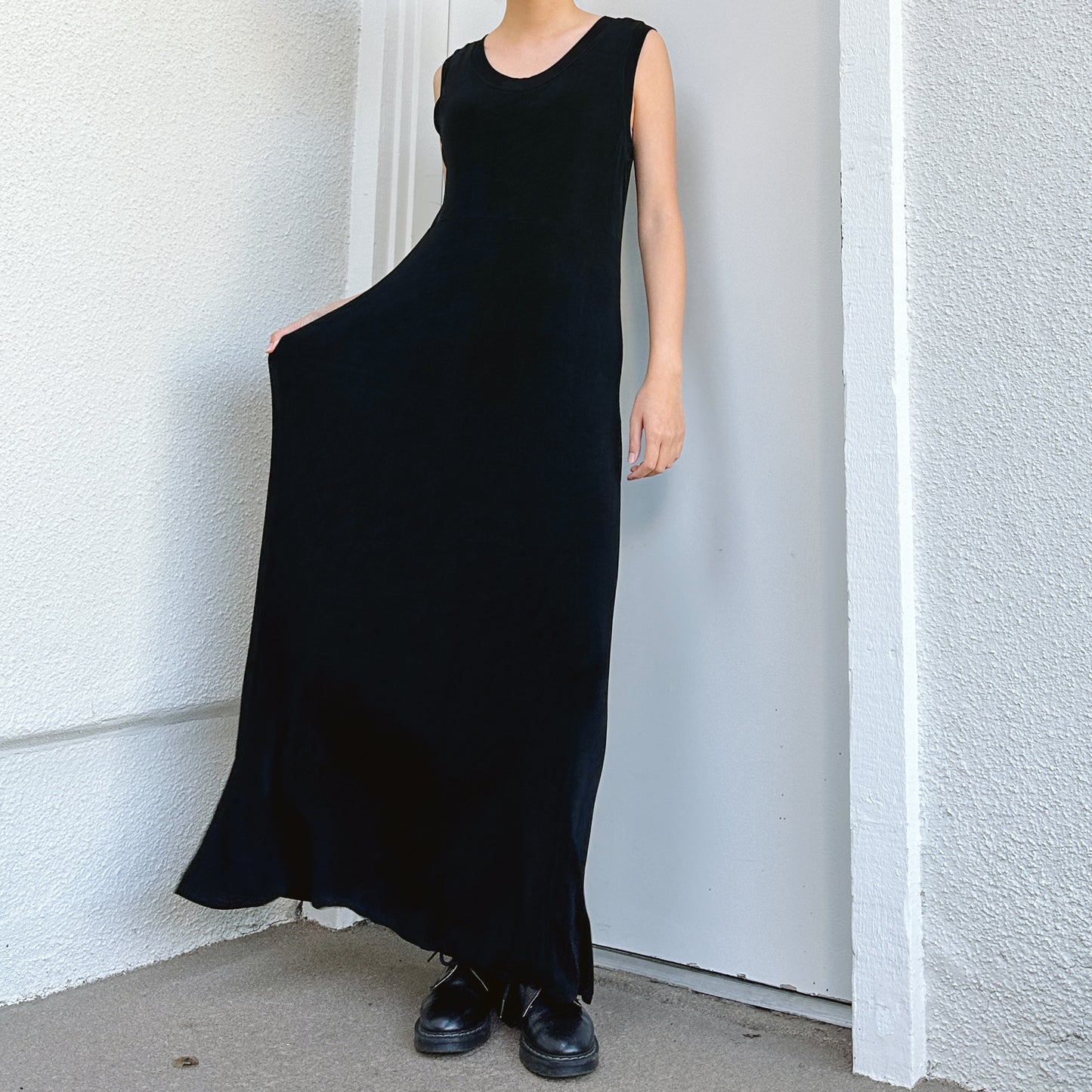 80's Black Slinky Sleeveless Maxi Dress | L