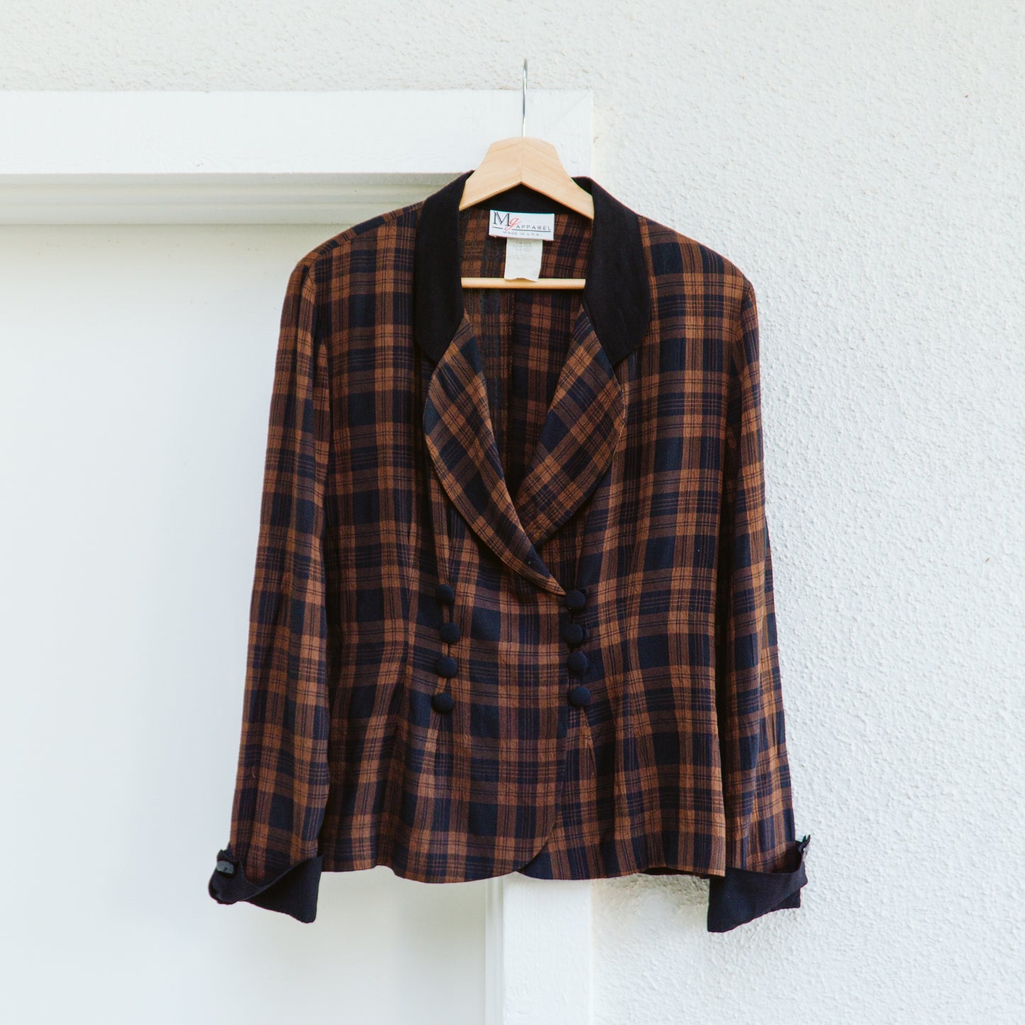 80's Brown Plaid Collared Blouse | M