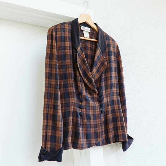 80's Brown Plaid Collared Blouse | M