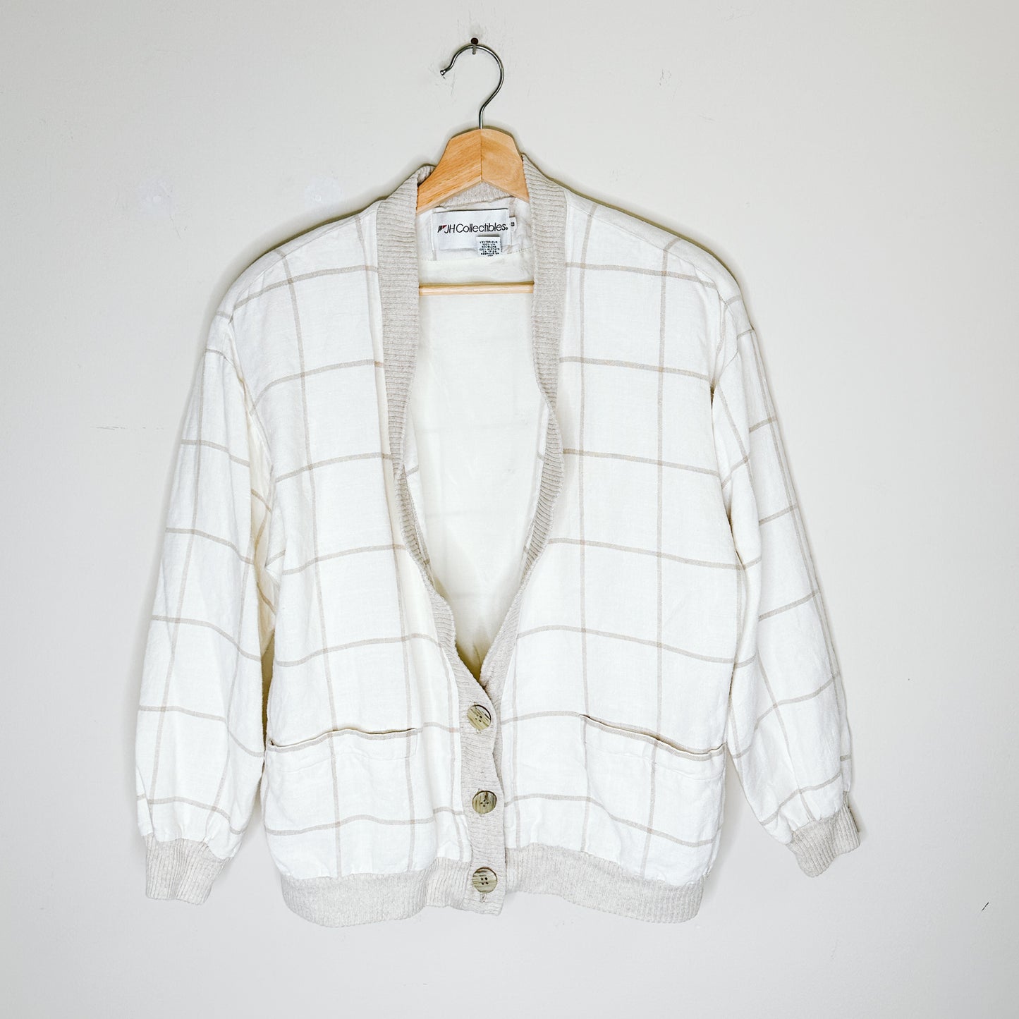 80's Cream Windowpane Linen Cardigan | M