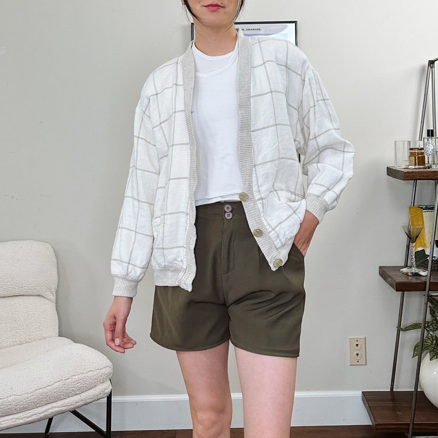 80's Cream Windowpane Linen Cardigan | M