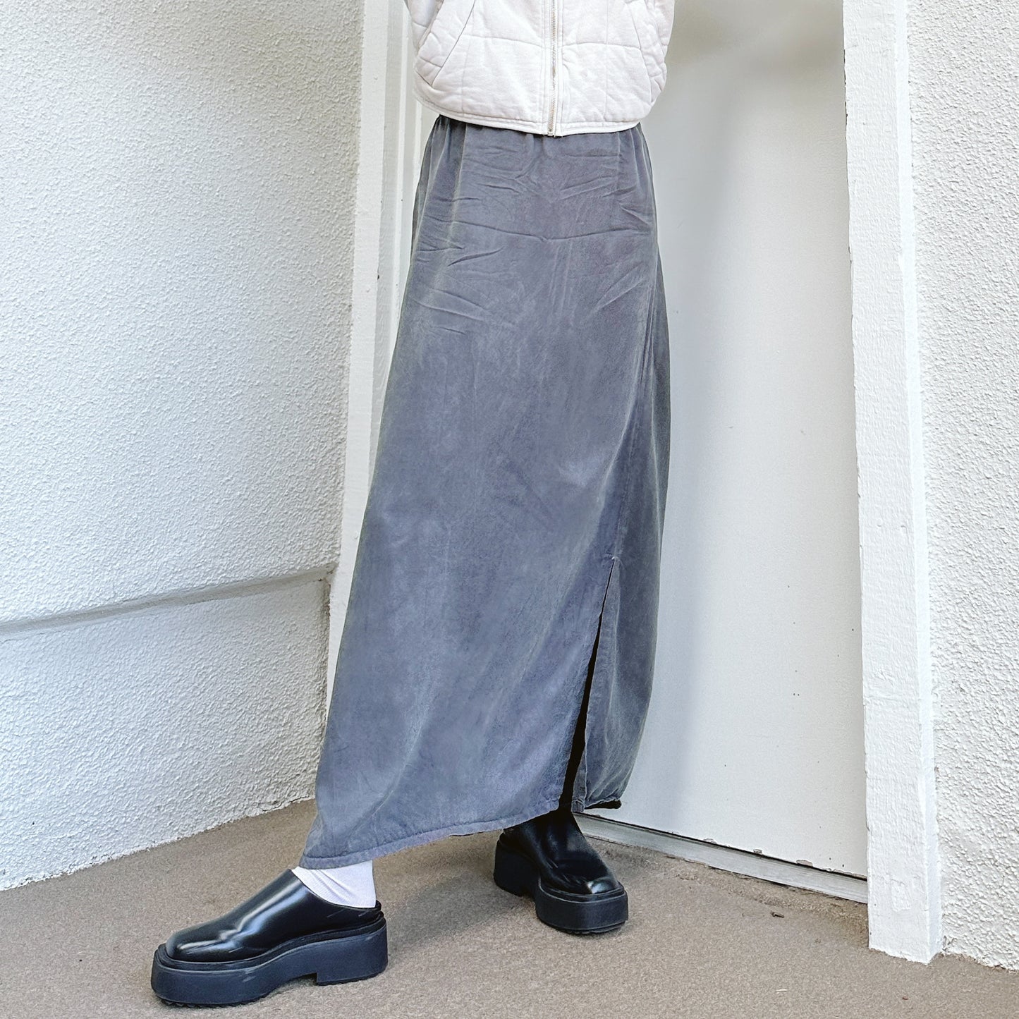 80's Gray Silky Rayon Maxi Skirt | L/XL