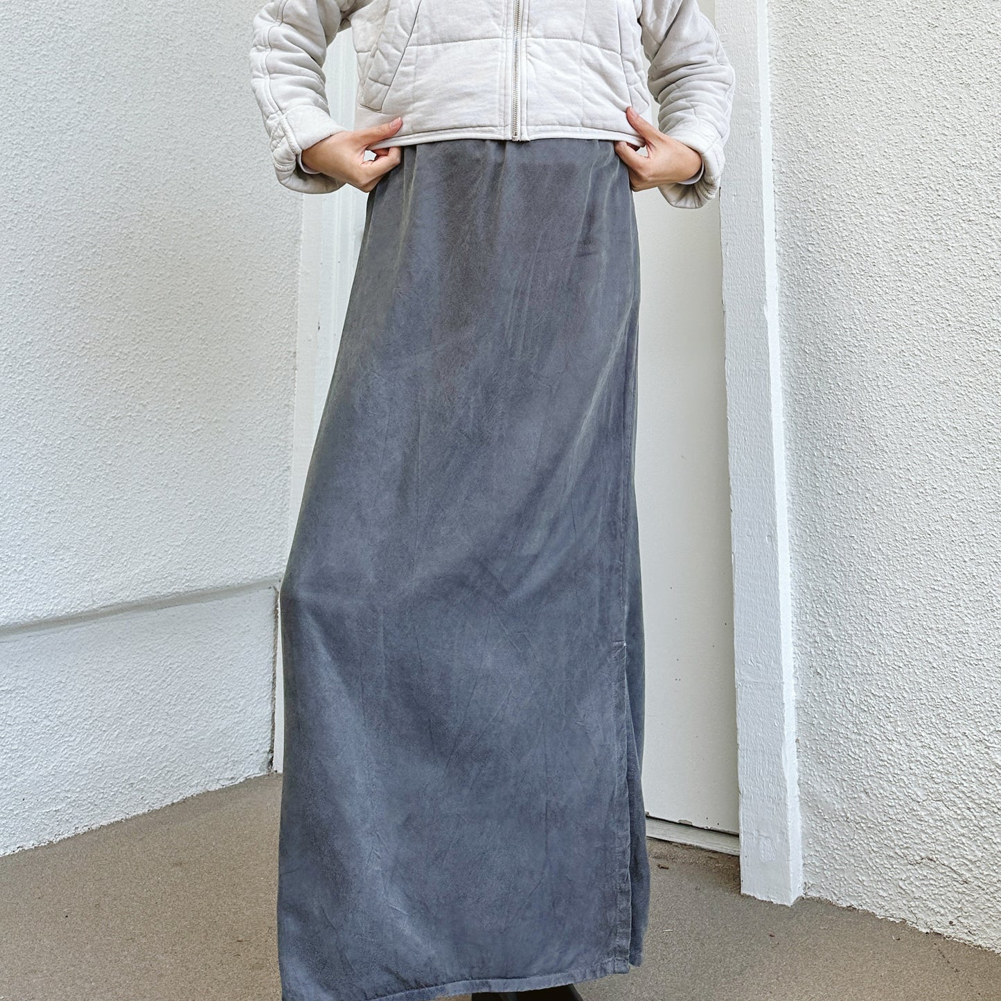 80's Gray Silky Rayon Maxi Skirt | L/XL