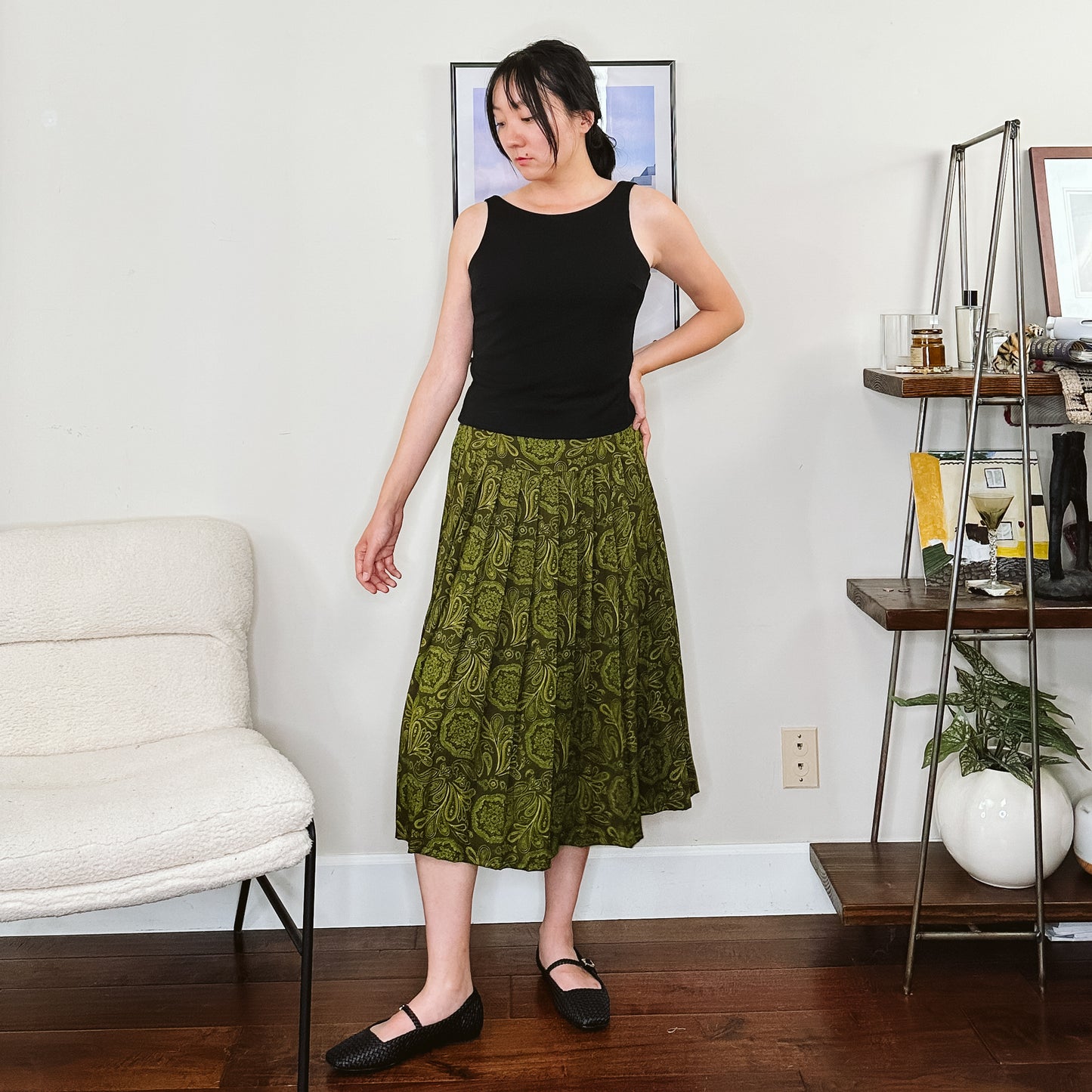 80's Rayon Paisley Pleated Midi Skirt | S