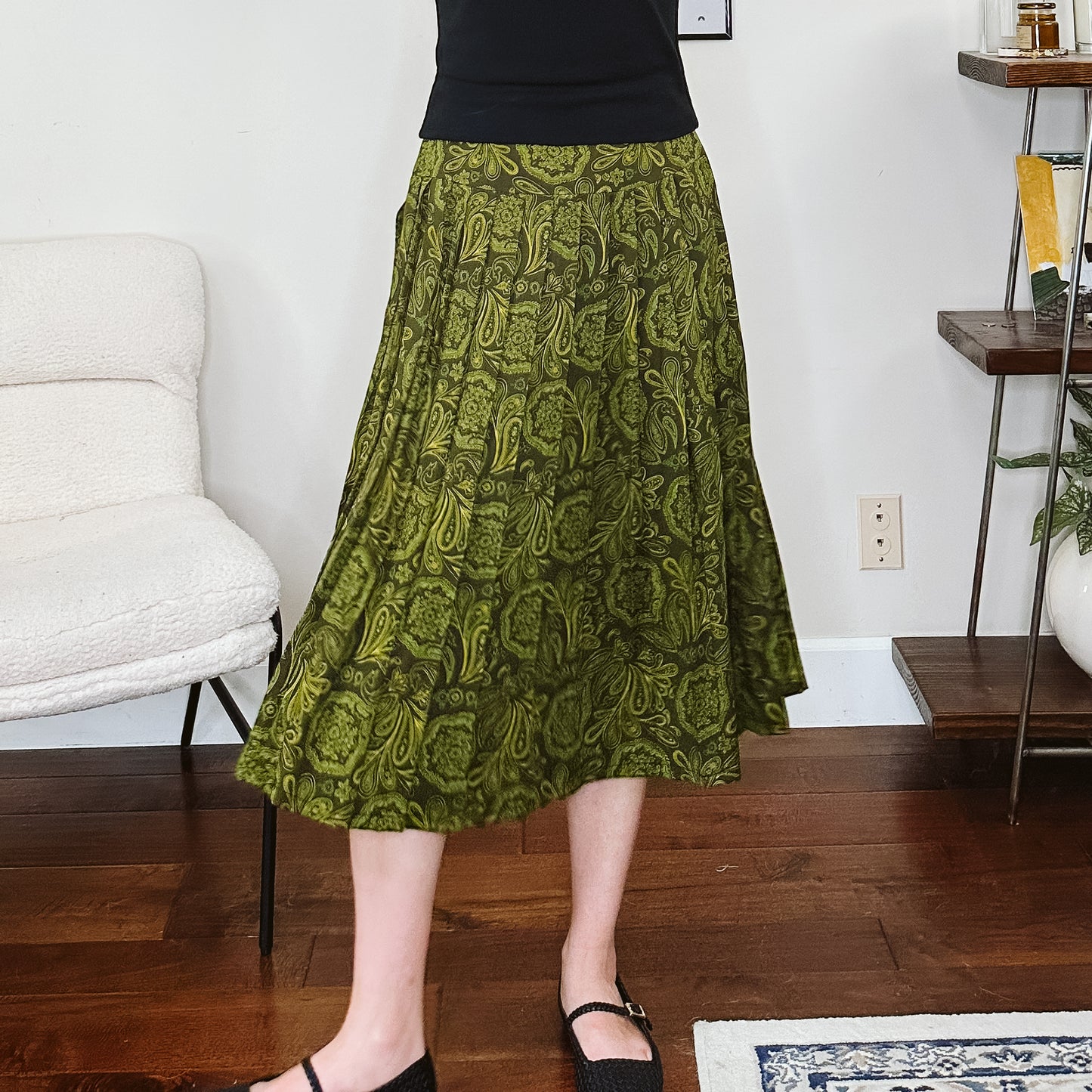 80's Rayon Paisley Pleated Midi Skirt | S