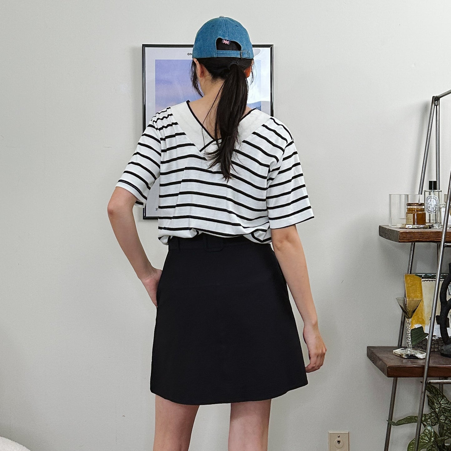 80's Thick Rib Collar Stripe Tee | M