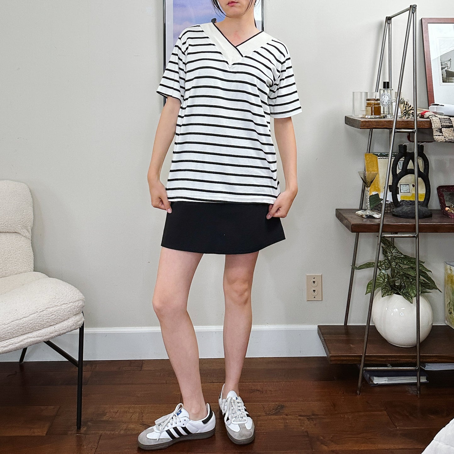 80's Thick Rib Collar Stripe Tee | M