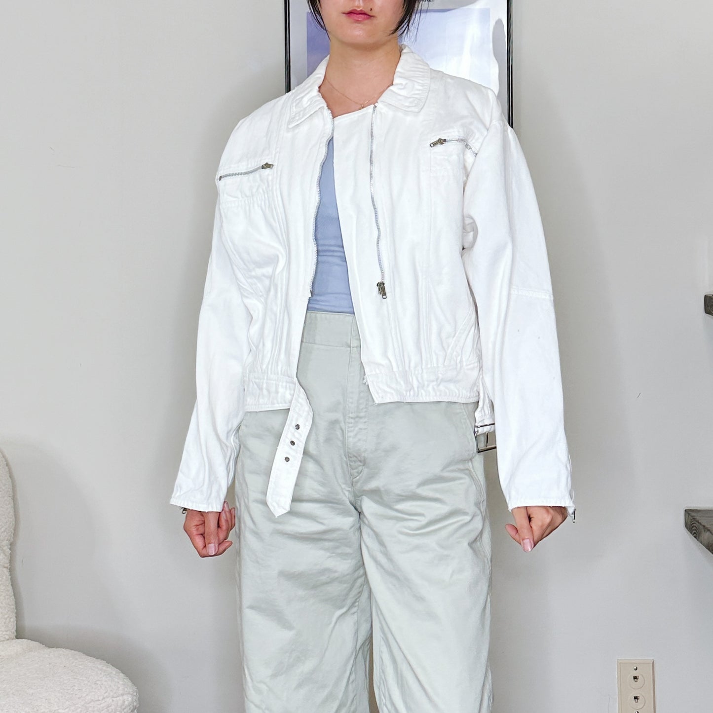 80's White Cropped Denim Jacket | M