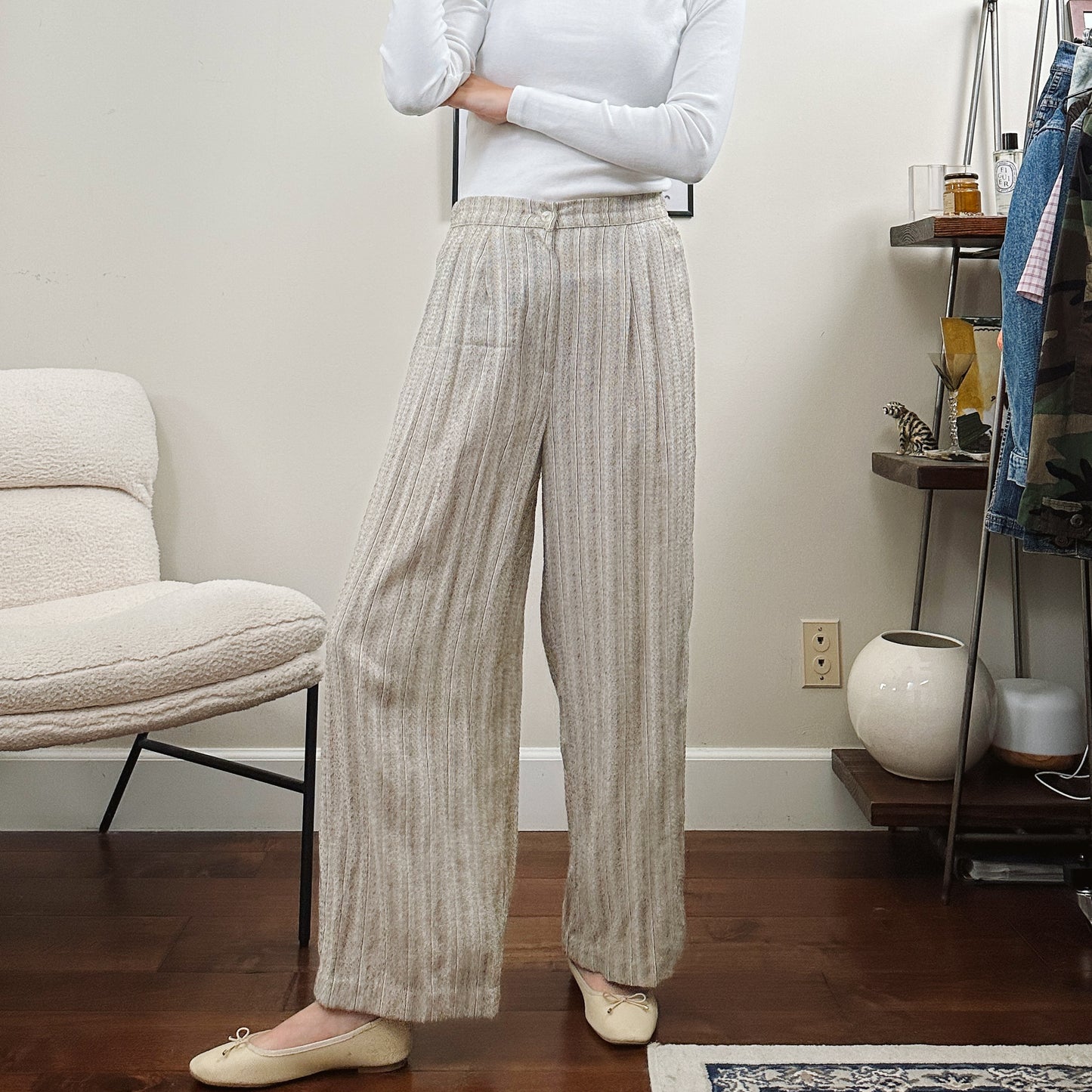 80's Wide Leg Cream Stripe Trousers | M