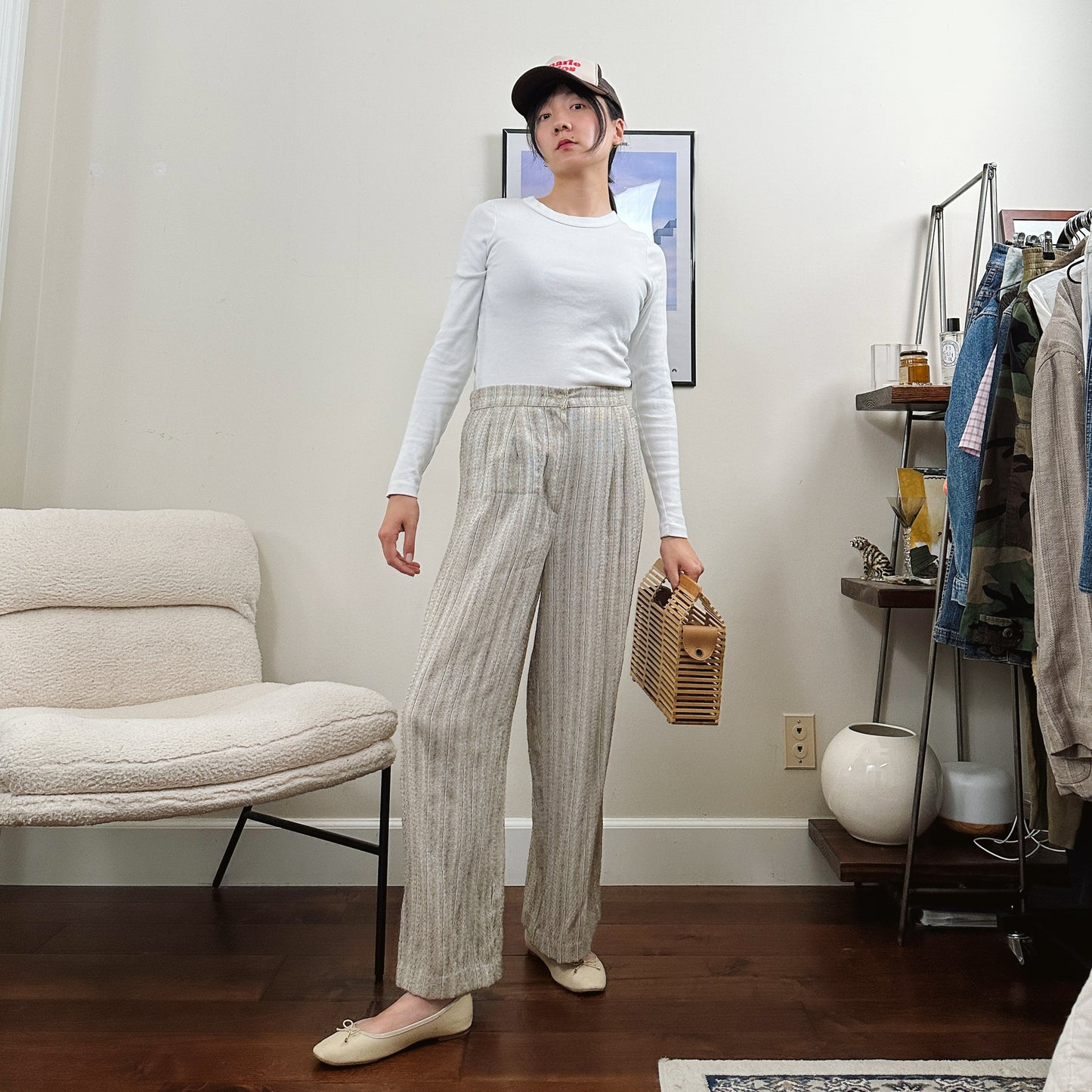 80's Wide Leg Cream Stripe Trousers | M