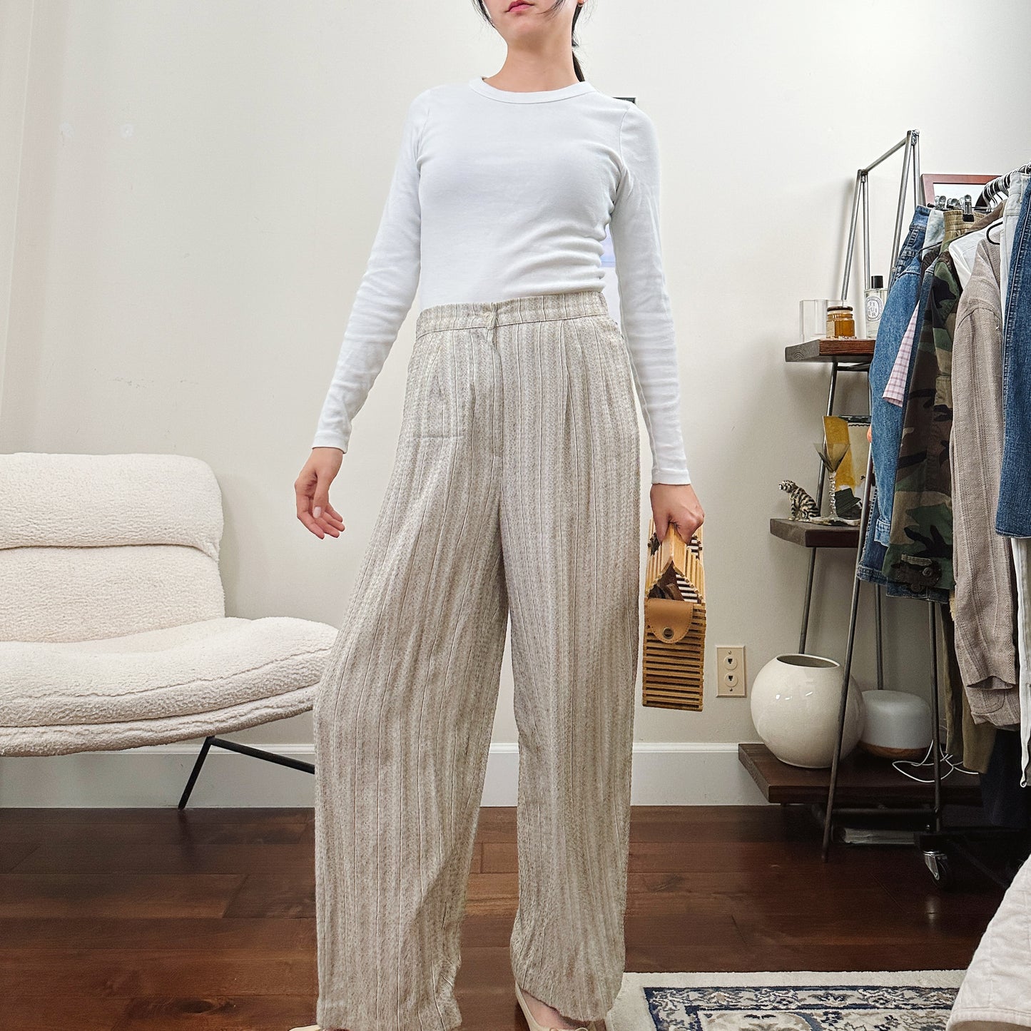 80's Wide Leg Cream Stripe Trousers | M