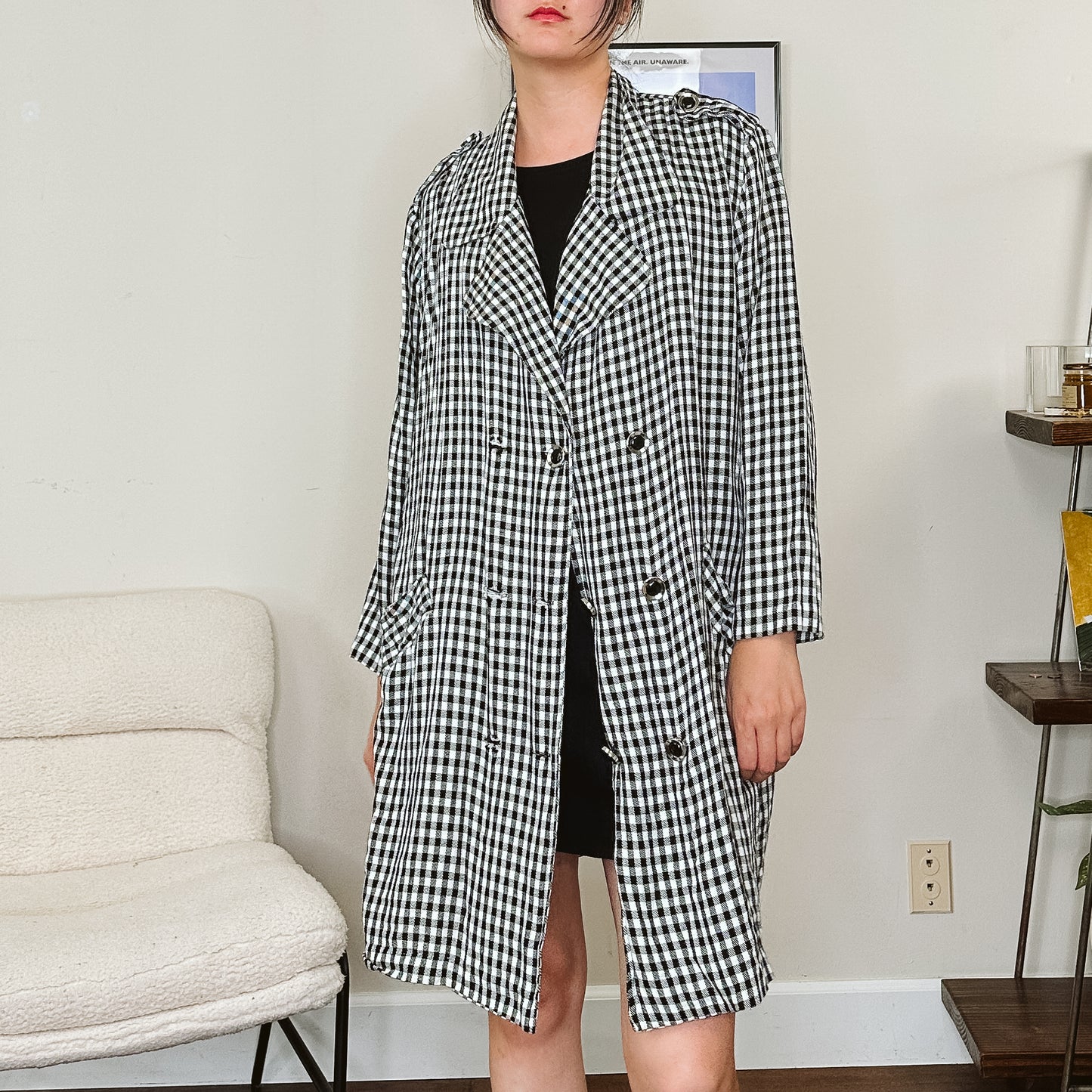 80's Gingham Plaid Black and White Trench Coat | L
