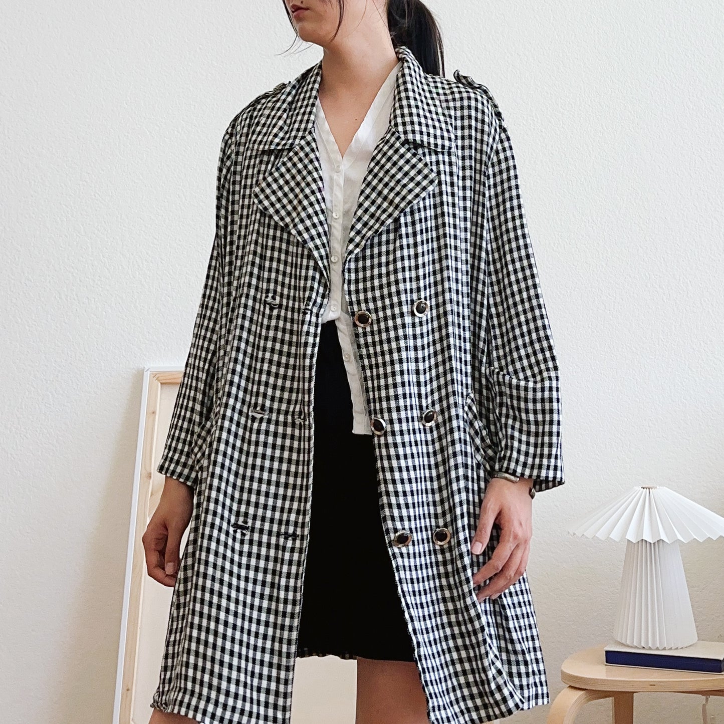 80's Gingham Plaid Black and White Trench Coat | L