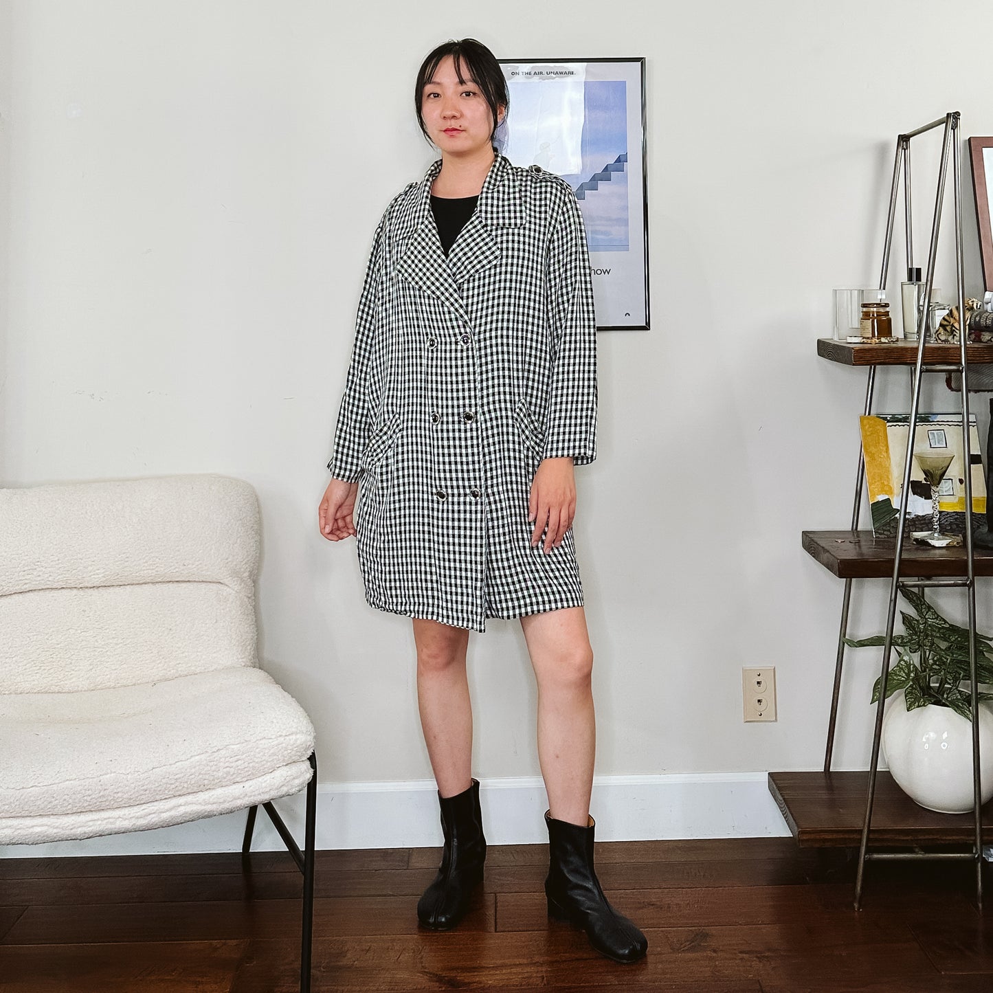 80's Gingham Plaid Black and White Trench Coat | L