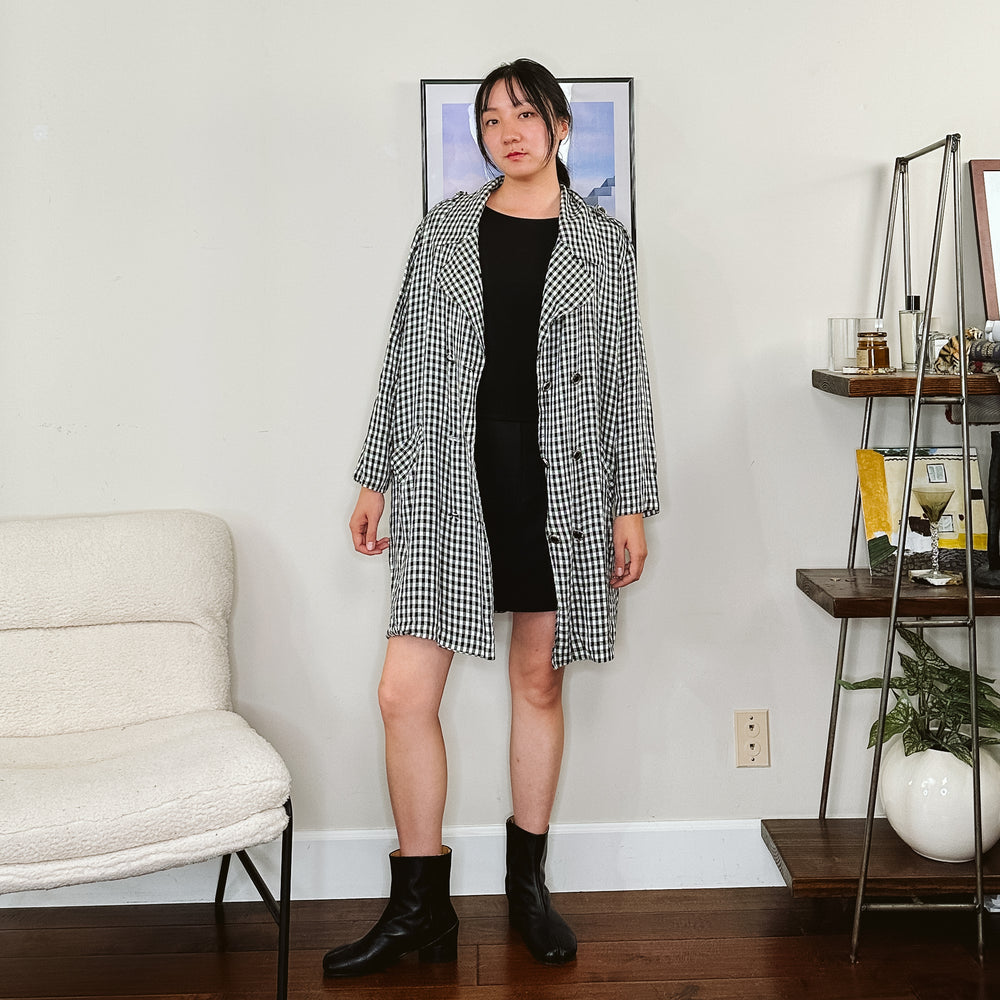 80's Gingham Plaid Black and White Trench Coat | L