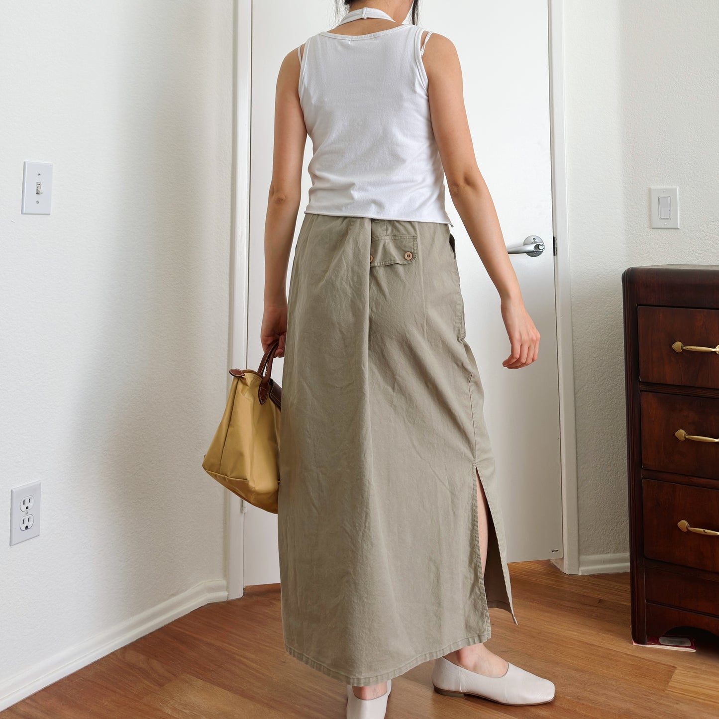 80's Olive Button Down Maxi Skirt | L/XL