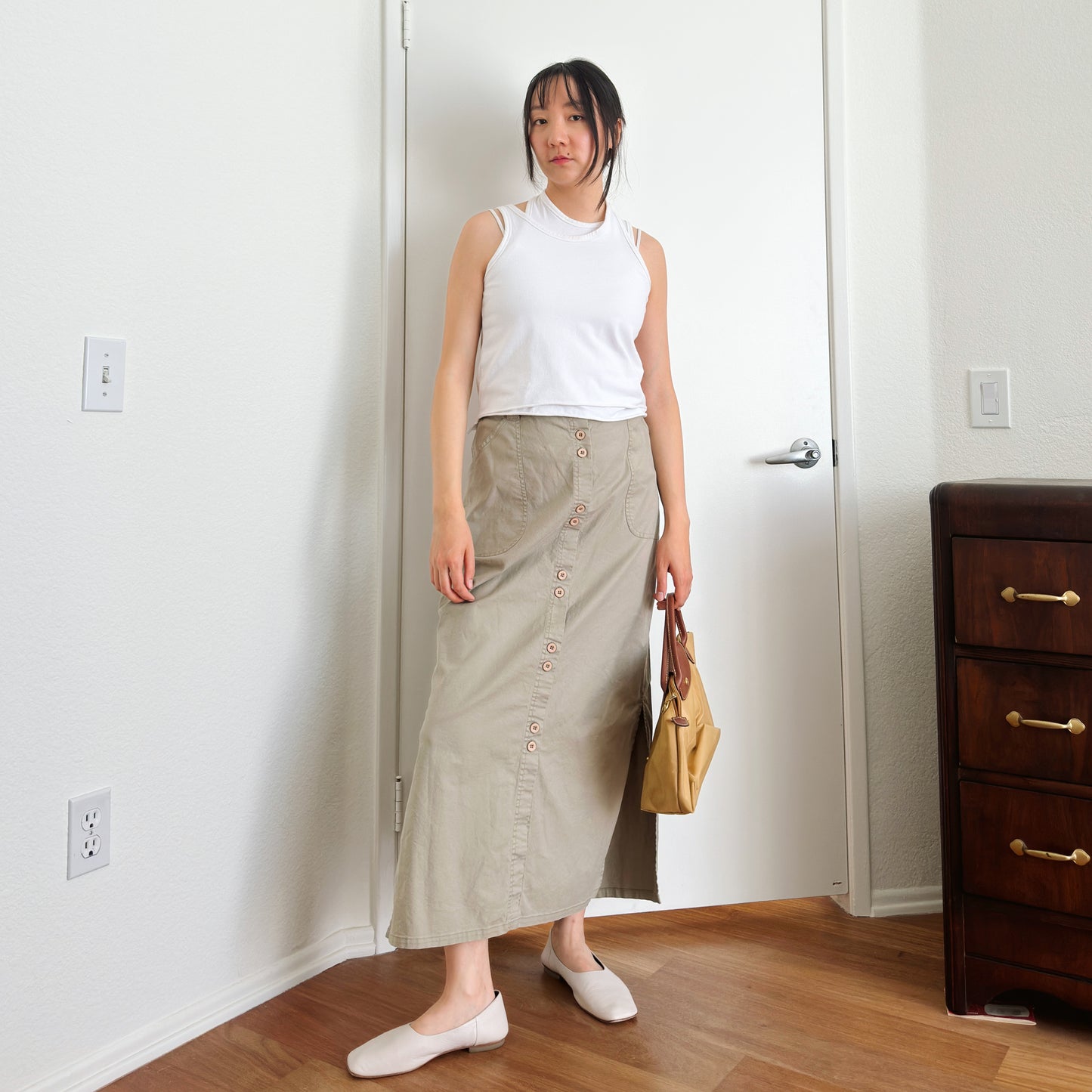 80's Olive Button Down Maxi Skirt | L/XL