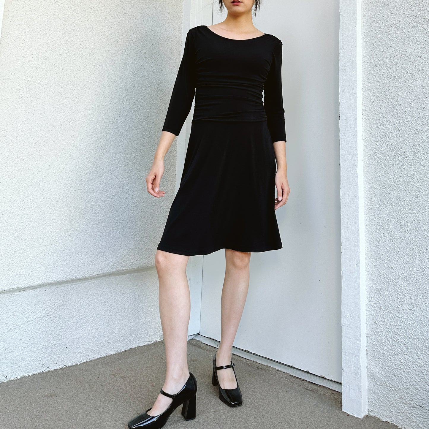 90's Black A-Line Ruched Dress | S