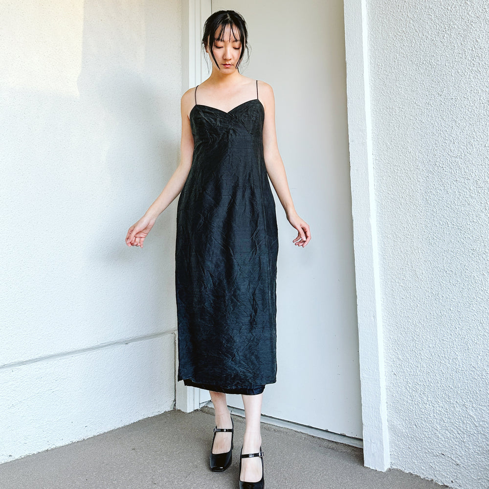 90's Black Empire Waist Crinkle Silk Dress | L