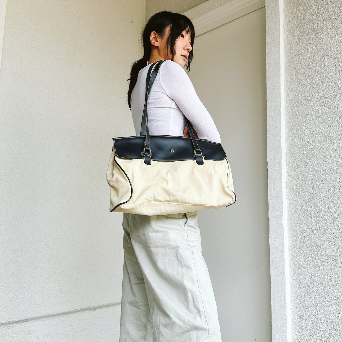 90's Black Faux Leather Accent Canvas Bag