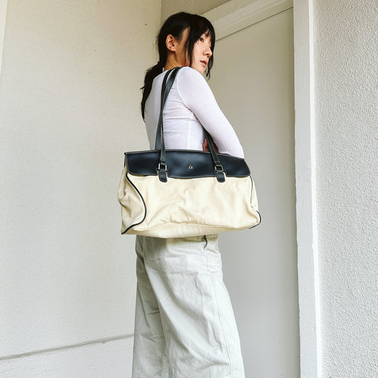 90's Black Faux Leather Accent Canvas Bag