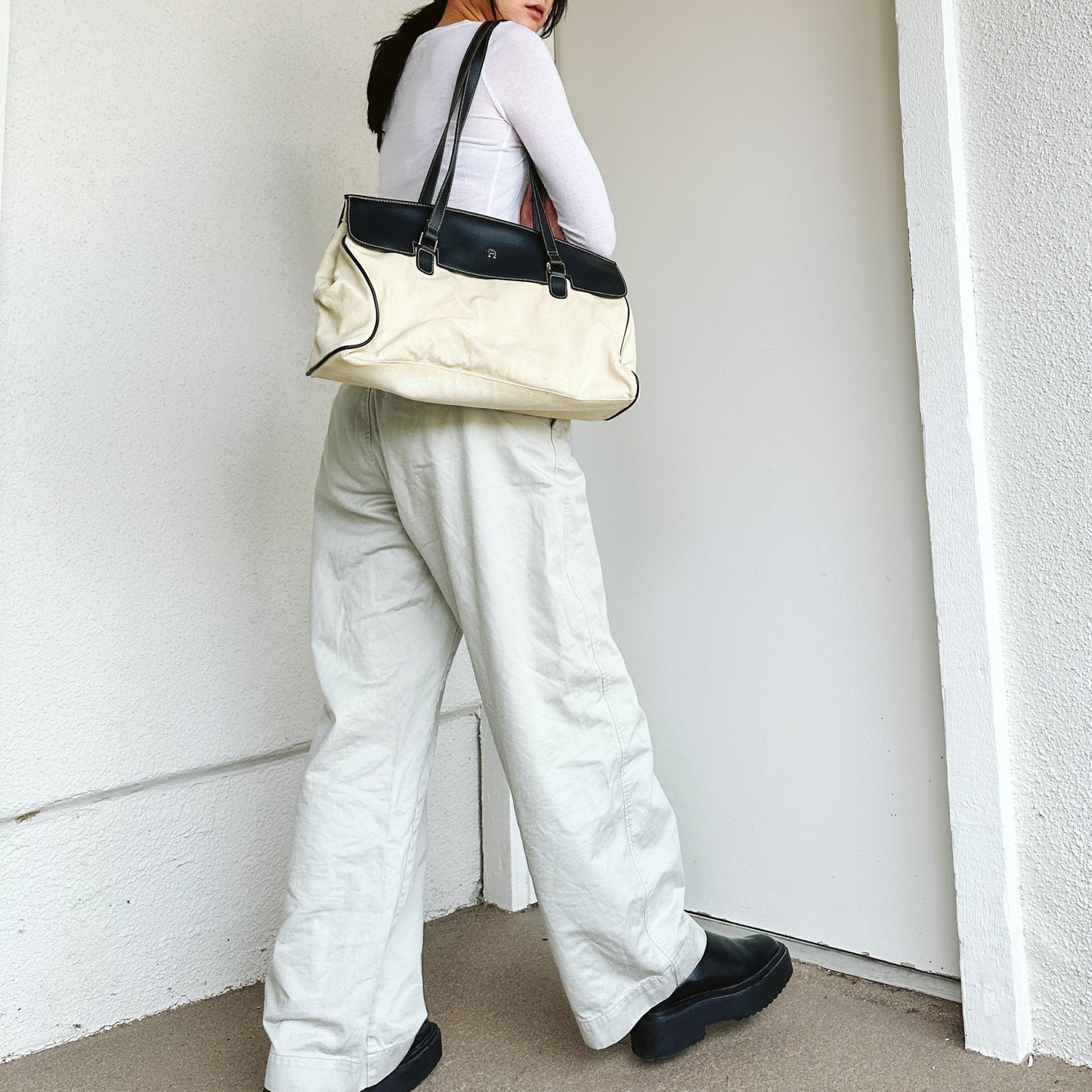 90's Black Faux Leather Accent Canvas Bag