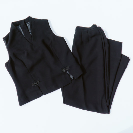 90's Black V-Neck Top and Pant Set | M/L