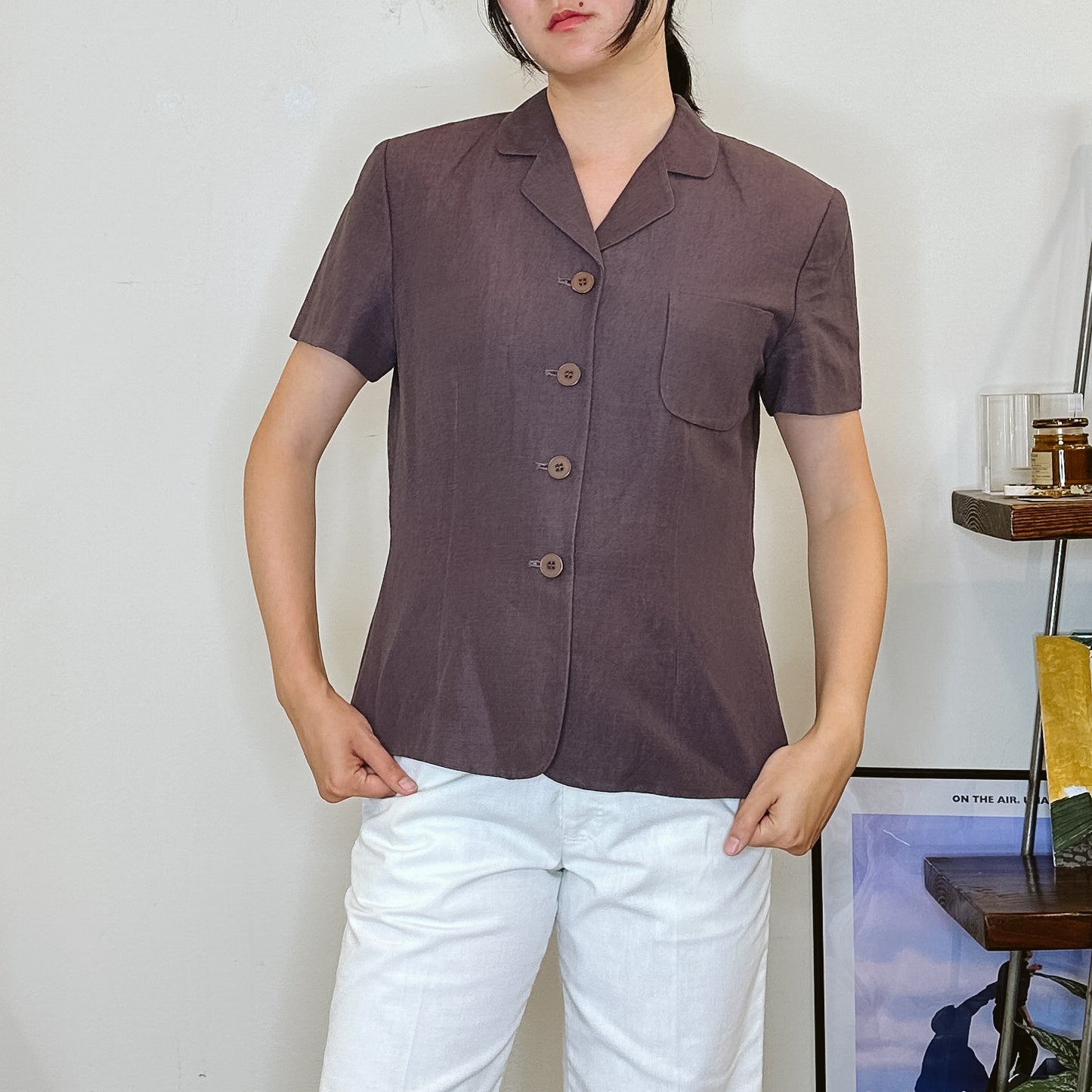 90's Brown Linen Short Sleeve Jacket | M