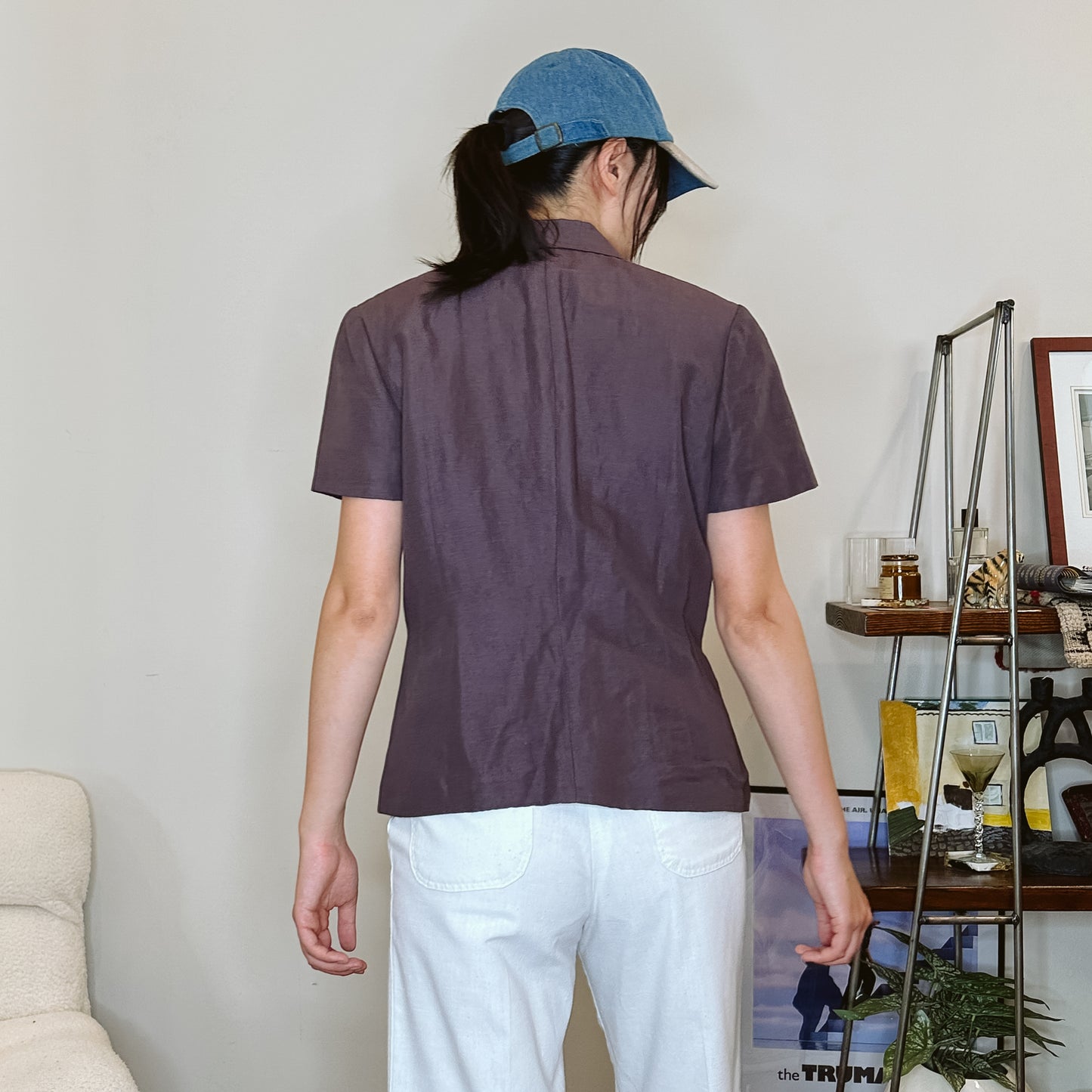 90's Brown Linen Short Sleeve Jacket | M