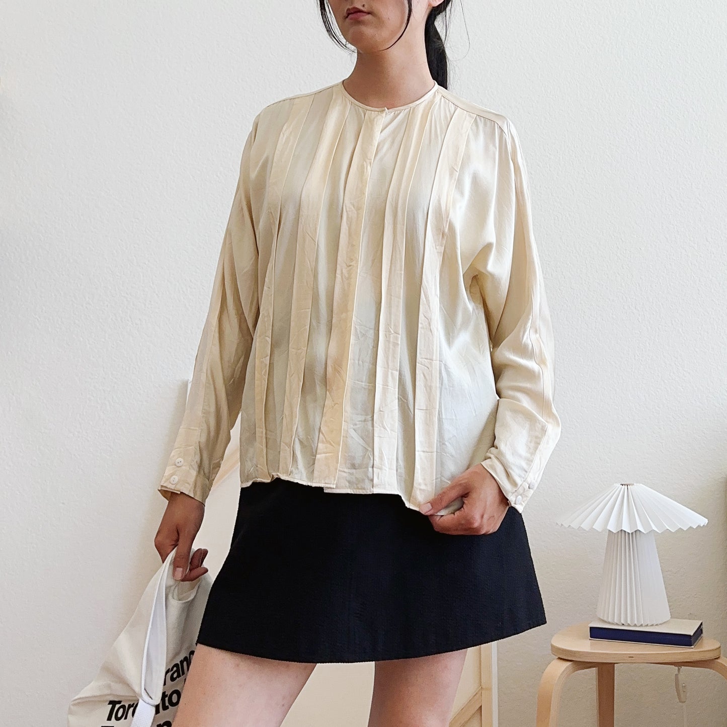 90's Cream Box Pleat Blouse | L