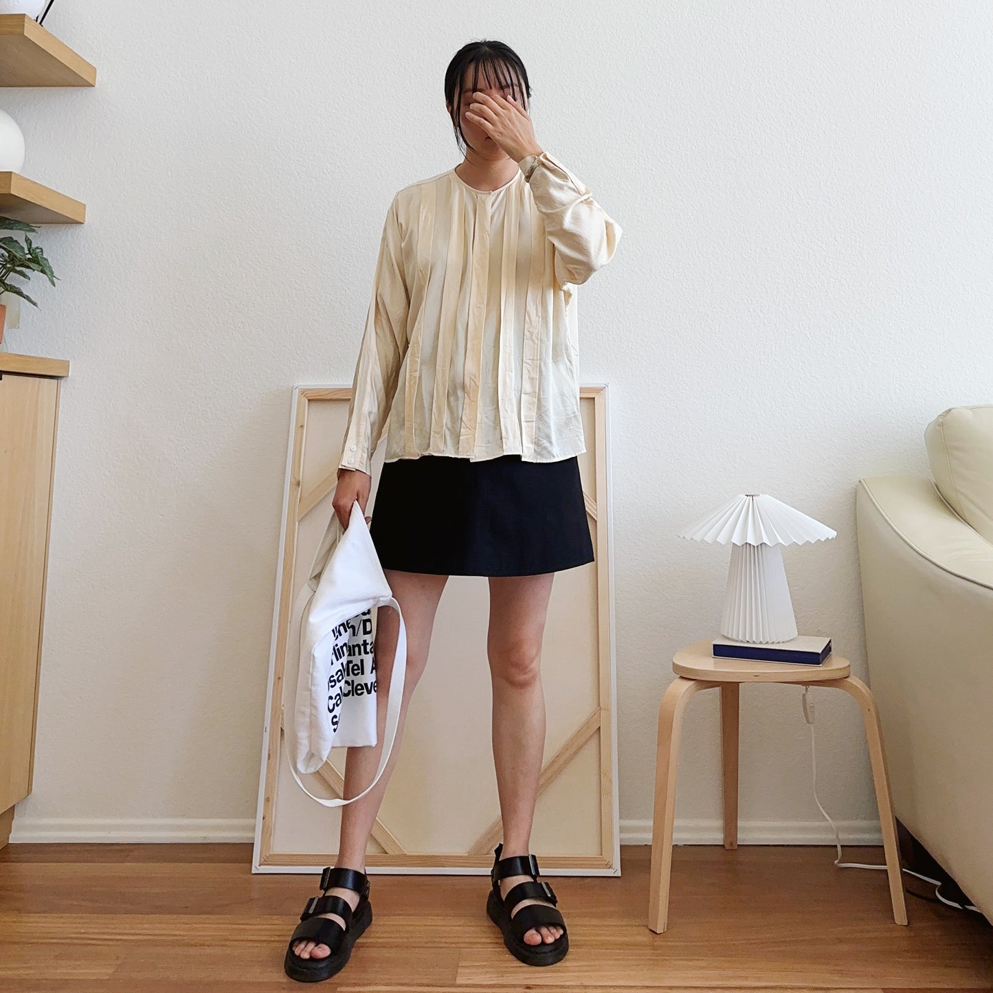 90's Cream Box Pleat Blouse | L