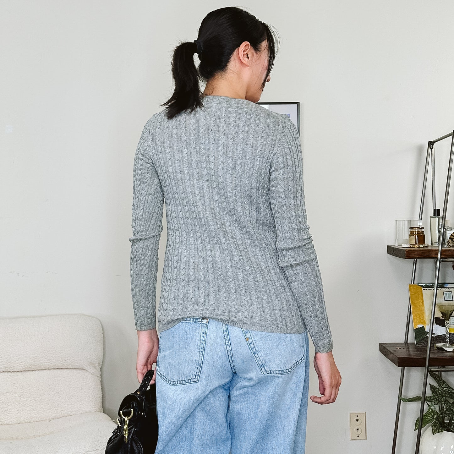 90's Gray Cable Knit Fitted Cardigan | S