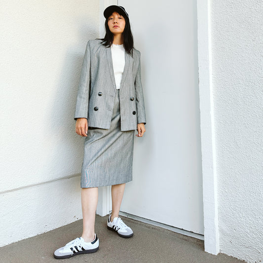 90's Gray Textured Blazer Skirt Set | M