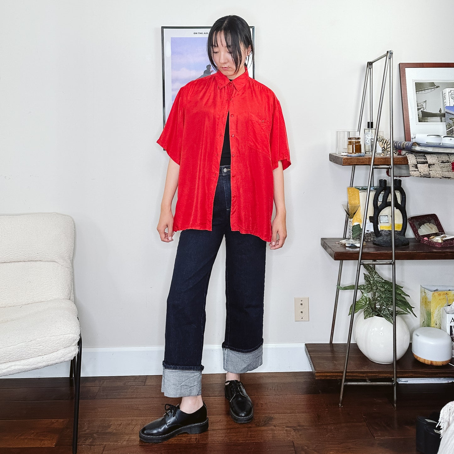 90's Red Silk Button Down Shirt | L