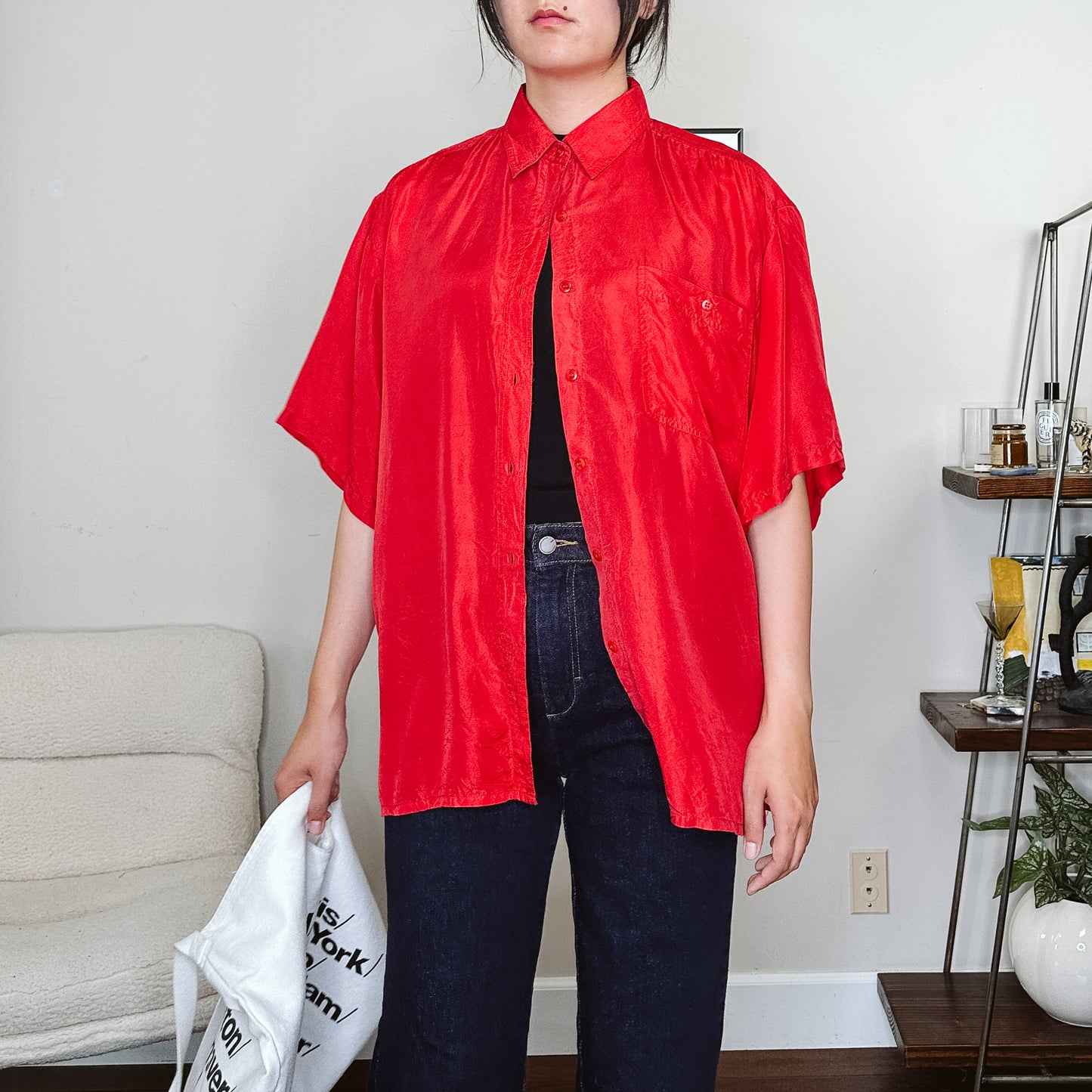 90's Red Silk Button Down Shirt | L