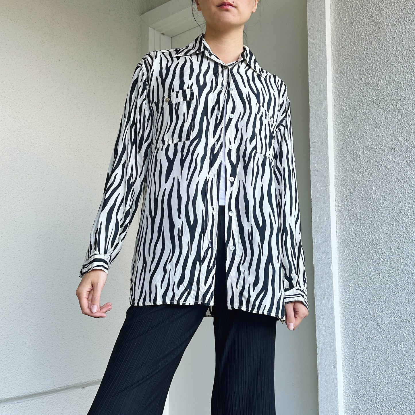 90's Zebra Print Silk Button Down Shirt | M-L