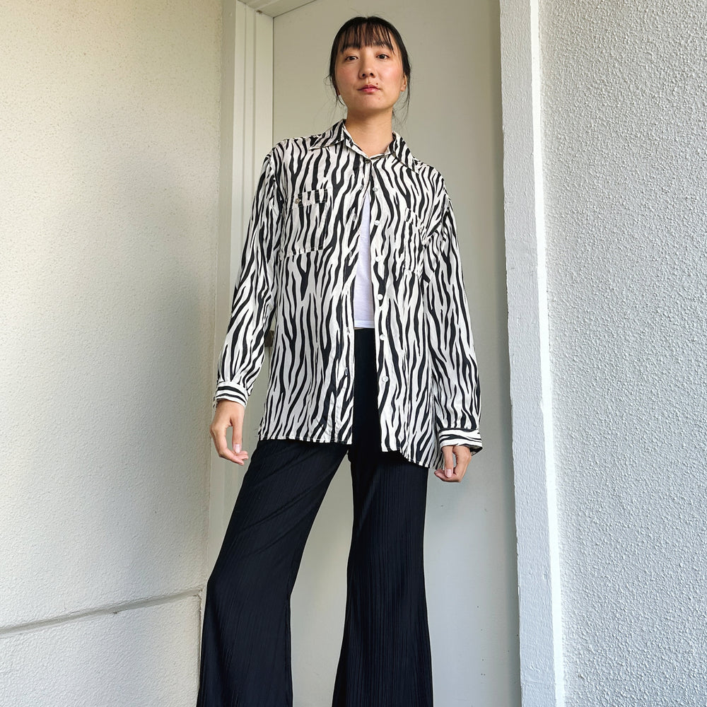 90's Zebra Print Silk Button Down Shirt | M-L