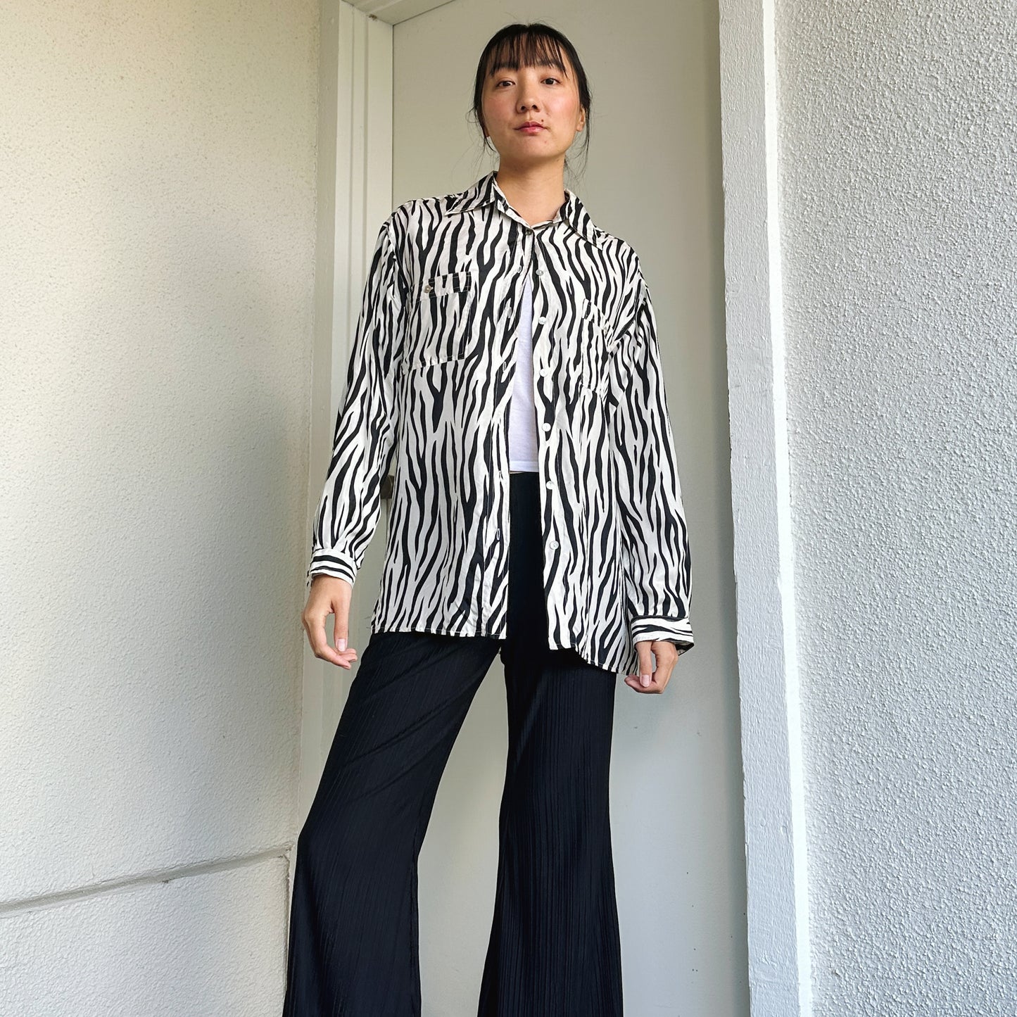 90's Zebra Print Silk Button Down Shirt | M-L