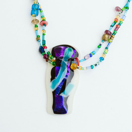 Abstract Pendant Blue Beaded Necklace