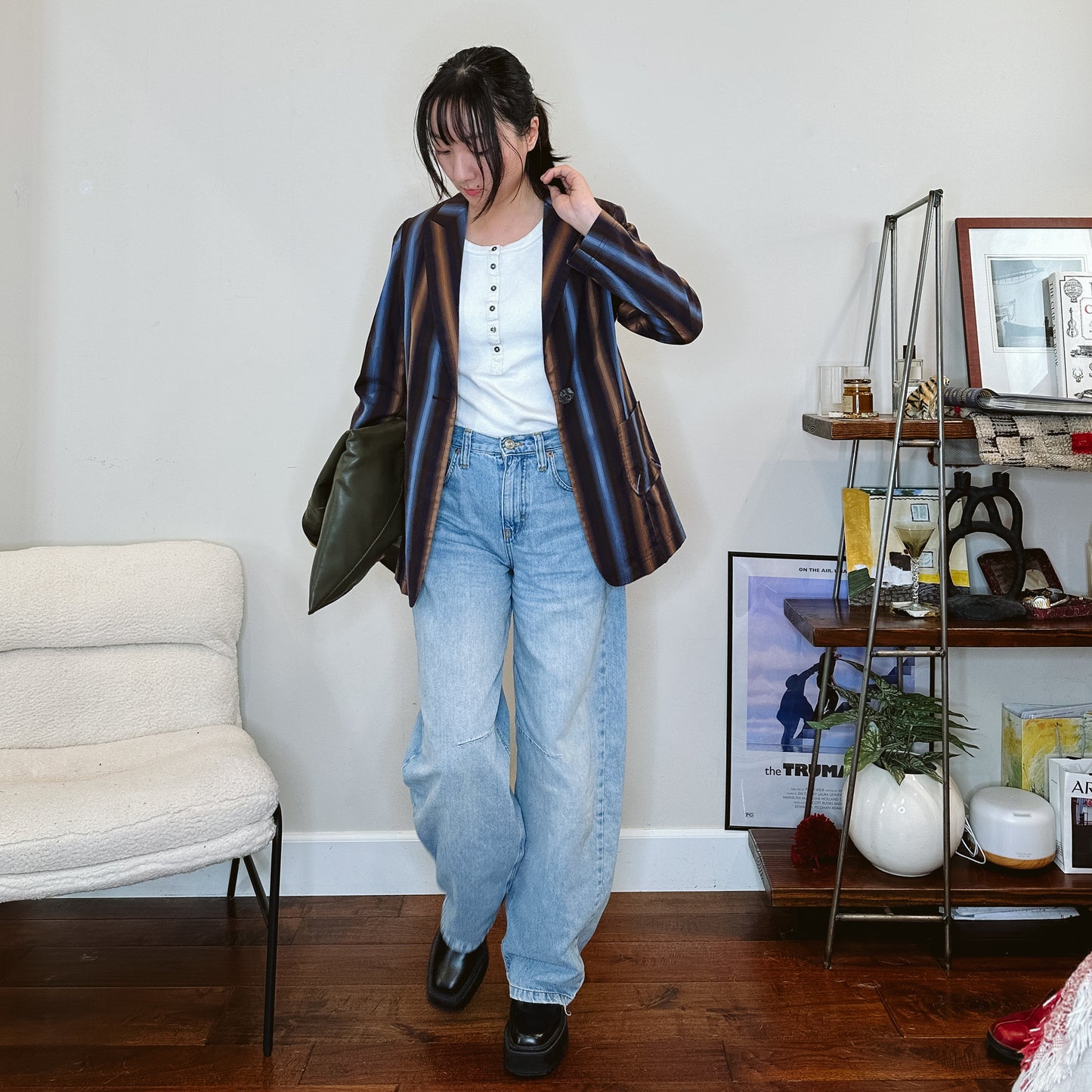 Brown and Blue Stripe Lightweight Blazer | M